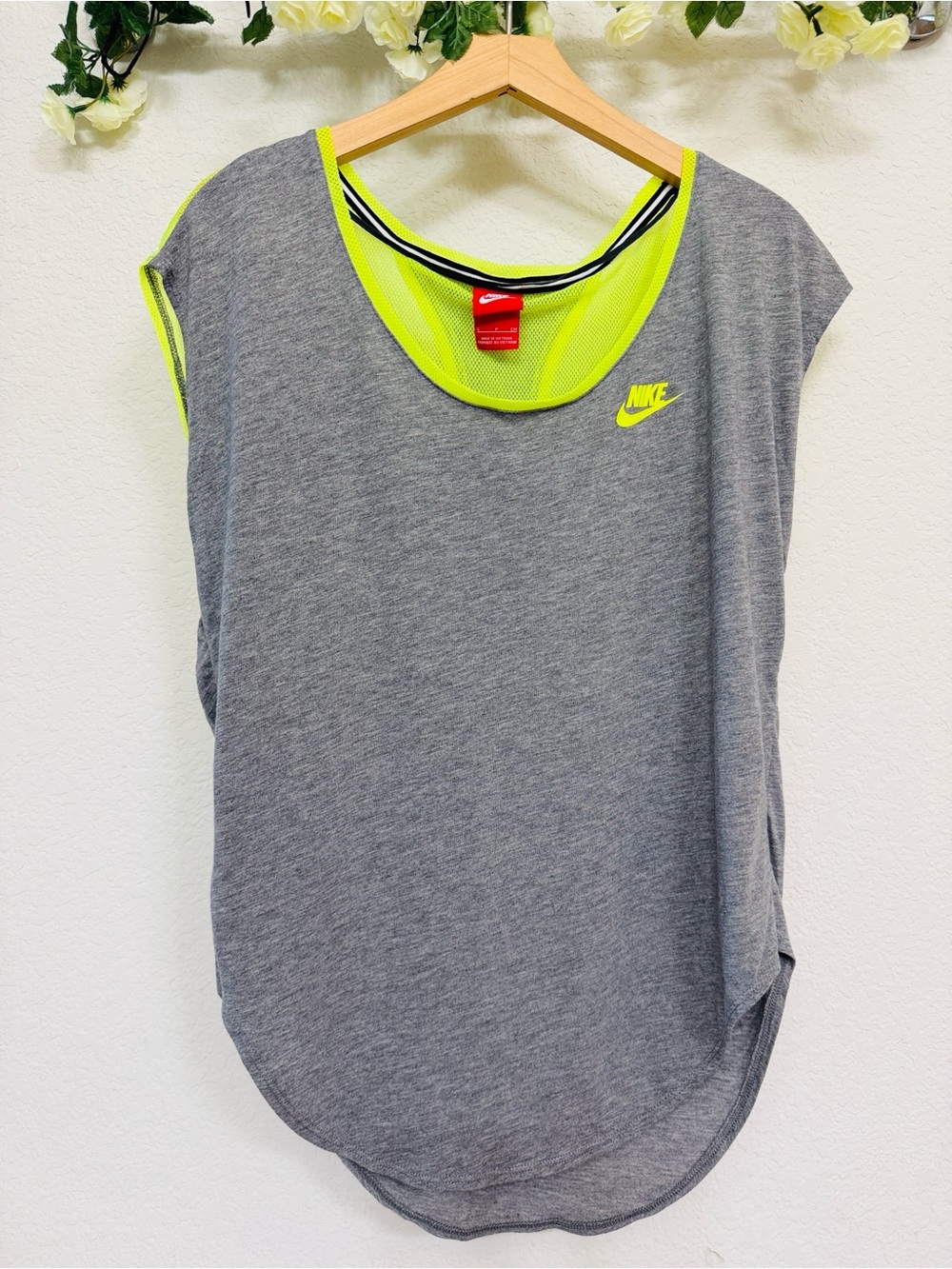 Nike • Gray and Neon Yellow Mesh Mixed Media Athletic Athleisure Workout Top